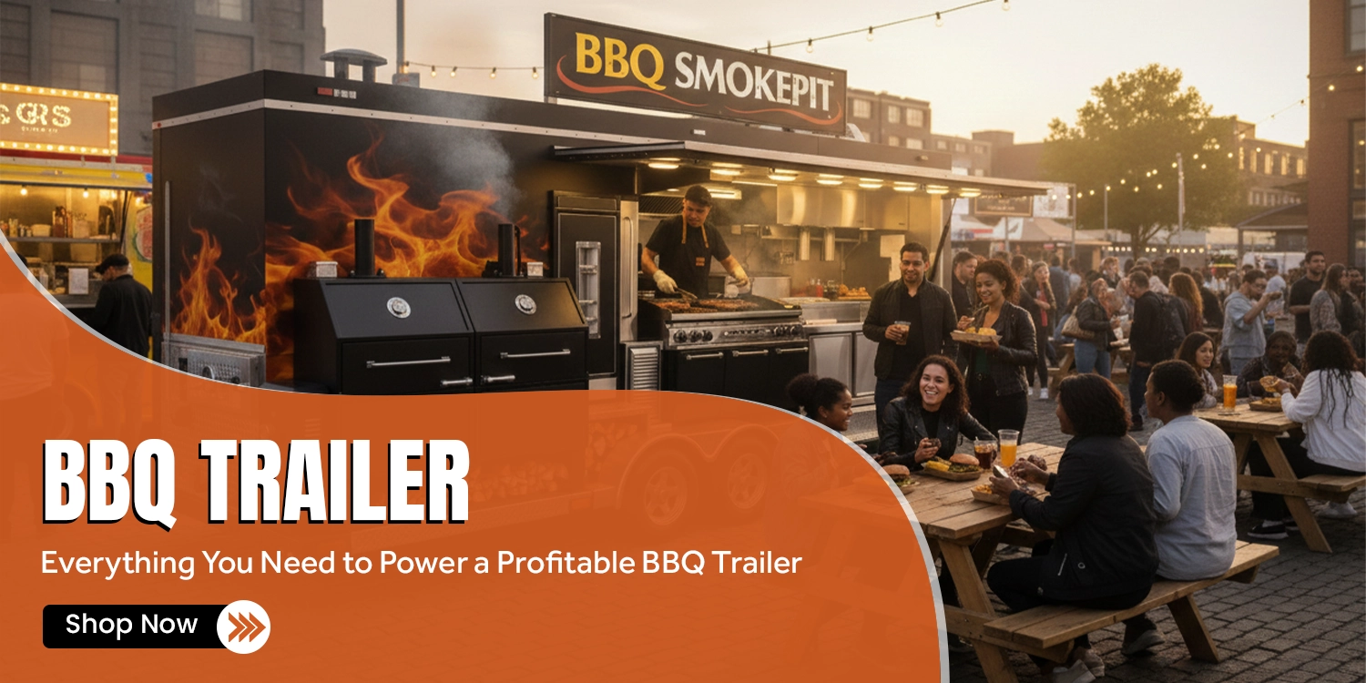 Food truck barbecue trailer with serving window open, showcasing grilled meats and sides, perfect for mobile BBQ catering.
